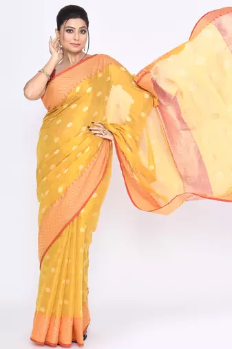 Women`s yellow zari cotton tissue jamdani saree