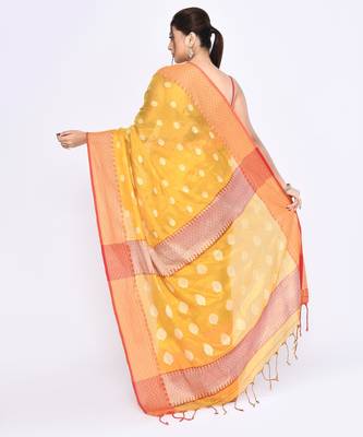 Women`s yellow zari cotton tissue jamdani saree 4