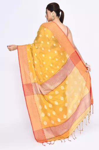 Women`s yellow zari cotton tissue jamdani saree