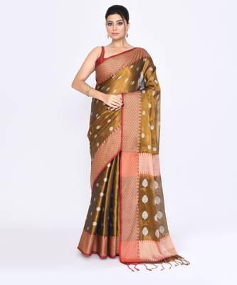 Women`s golden zari cotton tissue jamdani saree 1