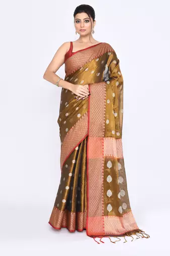 Women`s golden zari cotton tissue jamdani saree
