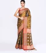 Women`s golden zari cotton tissue jamdani saree