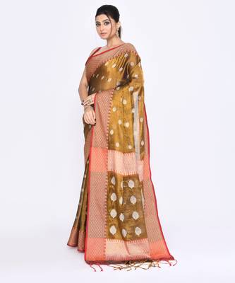 Women`s golden zari cotton tissue jamdani saree 2