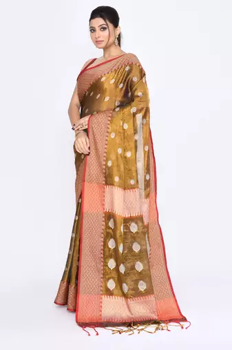 Women`s golden zari cotton tissue jamdani saree