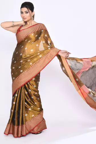 Women`s golden zari cotton tissue jamdani saree