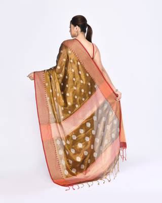 Women`s golden zari cotton tissue jamdani saree 4