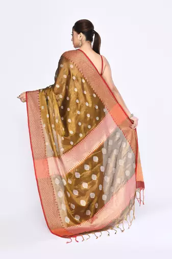 Women`s golden zari cotton tissue jamdani saree