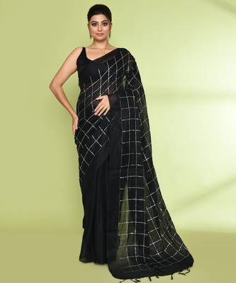 Women`s black zari cotton tissue sequin saree 1