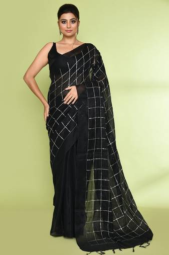 Women`s black zari cotton tissue sequin saree