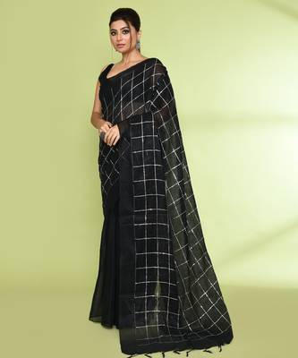 Women`s black zari cotton tissue sequin saree 2