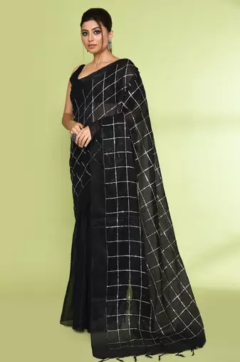 Women`s black zari cotton tissue sequin saree