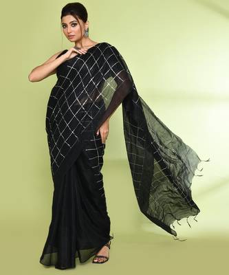 Women`s black zari cotton tissue sequin saree 3