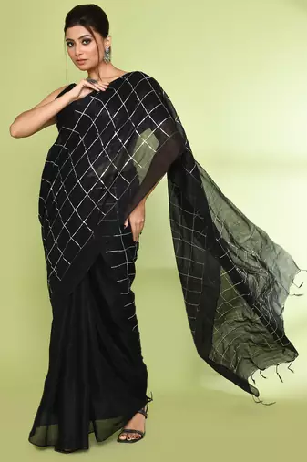 Women`s black zari cotton tissue sequin saree