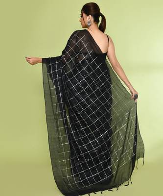 Women`s black zari cotton tissue sequin saree 4