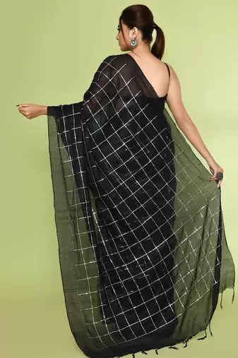 Women`s black zari cotton tissue sequin saree