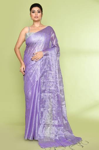 Women`s lavender zari cotton tissue sequin saree
