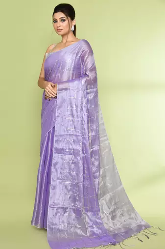 Women`s lavender zari cotton tissue sequin saree