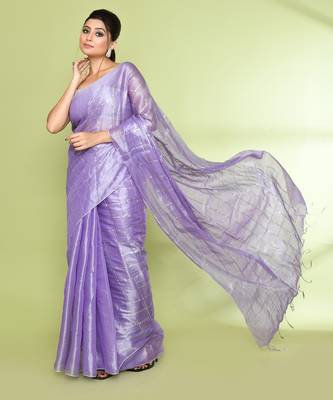 Women`s lavender zari cotton tissue sequin saree 3
