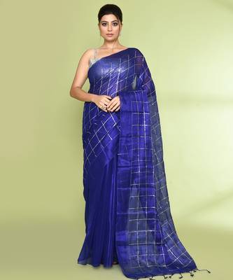 Women`s blue zari cotton tissue sequin saree 1