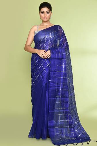 Women`s blue zari cotton tissue sequin saree