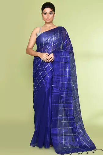 Women`s blue zari cotton tissue sequin saree