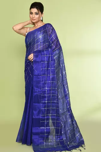 Women`s blue zari cotton tissue sequin saree