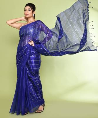Women`s blue zari cotton tissue sequin saree 3