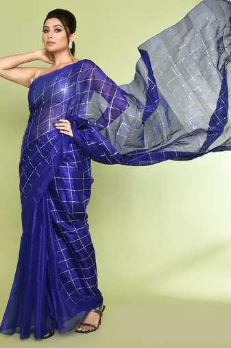 Women`s blue zari cotton tissue sequin saree