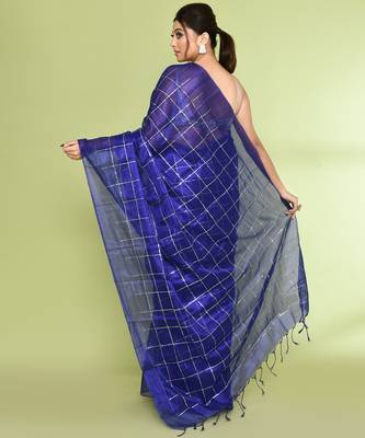 Women`s blue zari cotton tissue sequin saree 4