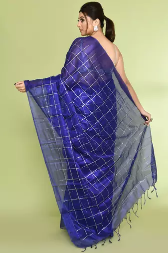Women`s blue zari cotton tissue sequin saree