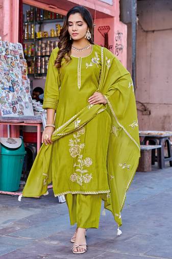 Women Mul Chanderi with thread work & Khatli Work Kurta With Trouser & With Dupatta
