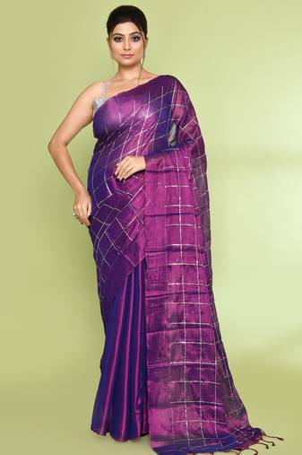 Women`s violet zari cotton tissue sequin saree