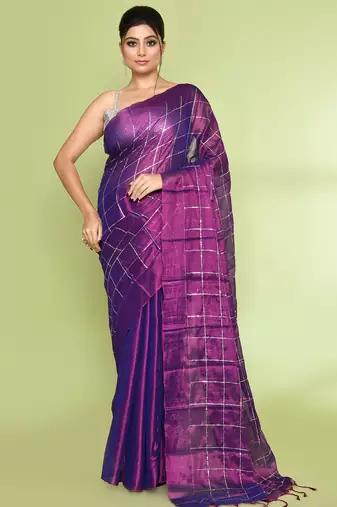 Women`s violet zari cotton tissue sequin saree