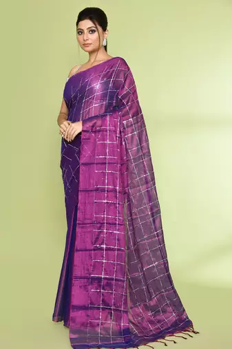Women`s violet zari cotton tissue sequin saree