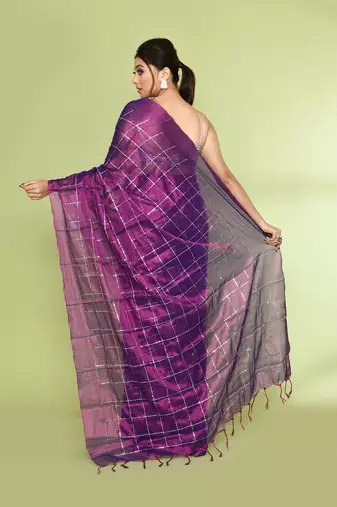Women`s violet zari cotton tissue sequin saree