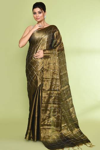 Women`s golden zari cotton tissue sequin saree