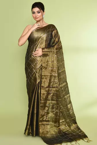 Women`s golden zari cotton tissue sequin saree