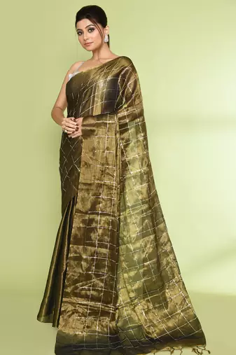 Women`s golden zari cotton tissue sequin saree