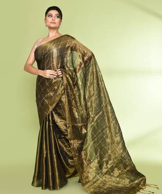 Women`s golden zari cotton tissue sequin saree 3