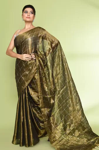 Women`s golden zari cotton tissue sequin saree