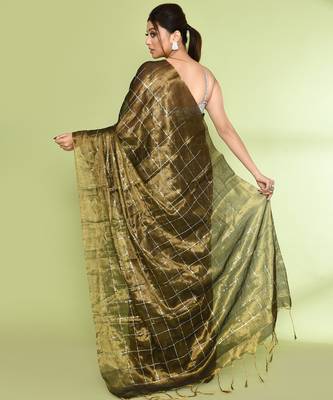 Women`s golden zari cotton tissue sequin saree 4