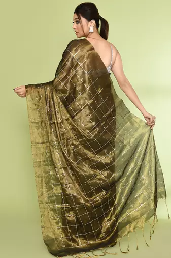 Women`s golden zari cotton tissue sequin saree