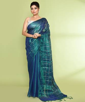 Women`s blue green zari cotton tissue sequin saree 1