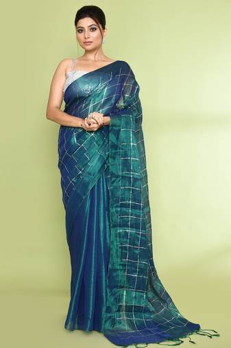 Women`s blue green zari cotton tissue sequin saree