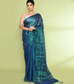 Women`s blue green zari cotton tissue sequin saree