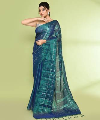 Women`s blue green zari cotton tissue sequin saree 2