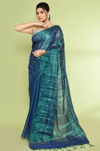 Women`s blue green zari cotton tissue sequin saree