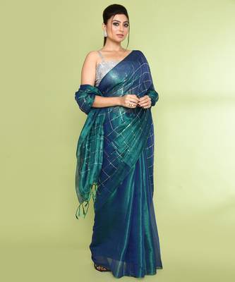 Women`s blue green zari cotton tissue sequin saree 3