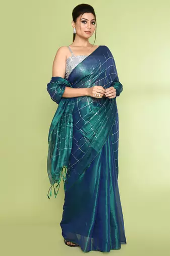 Women`s blue green zari cotton tissue sequin saree