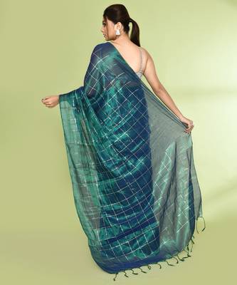 Women`s blue green zari cotton tissue sequin saree 4